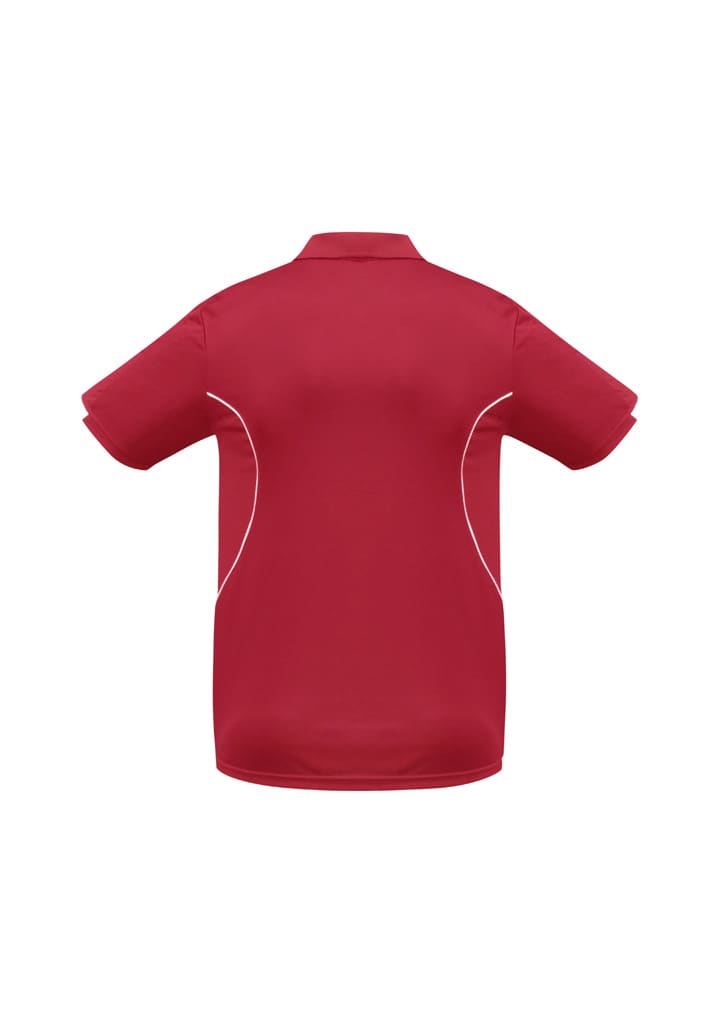 A red short sleeve polo shirt with contrasting white detailing and a logo on the chest.