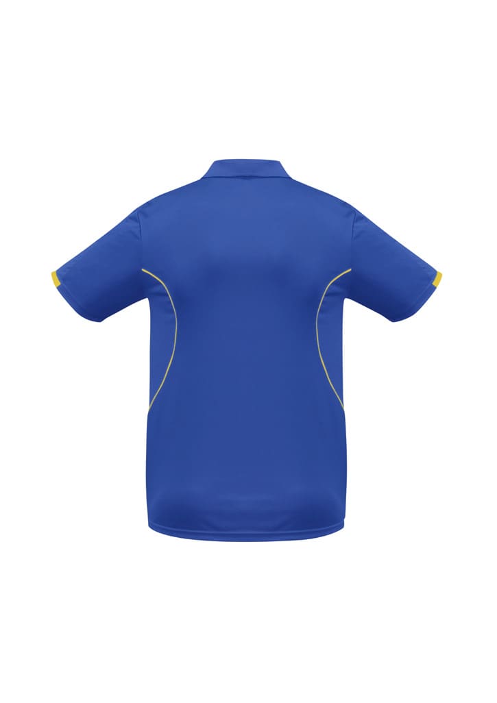 A blue short sleeve polo shirt with yellow accents and a logo on the back.