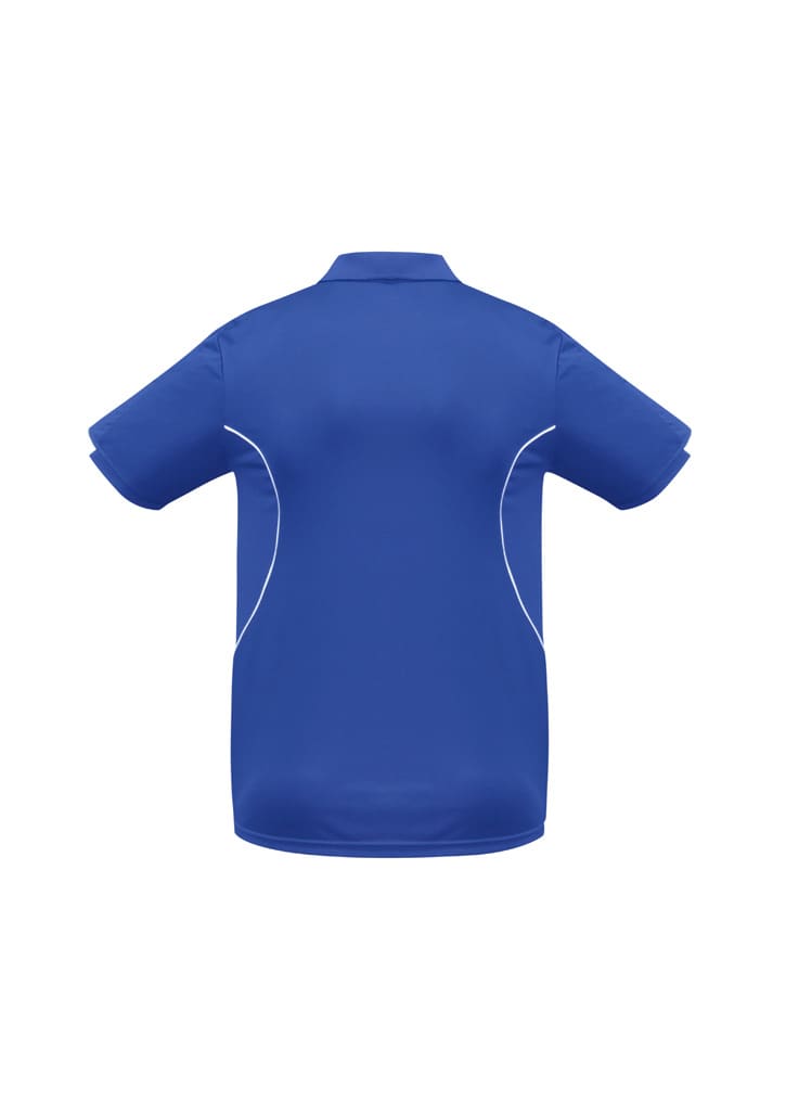 A blue polo shirt with short sleeves and white piping, featuring a logo on the back.