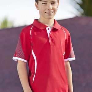 A red short sleeve polo shirt for kids with a stylish design and a logo on the chest.