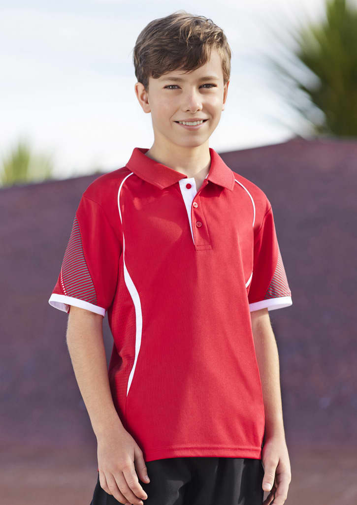 A red short sleeve polo shirt for kids with a stylish design and a logo on the chest.