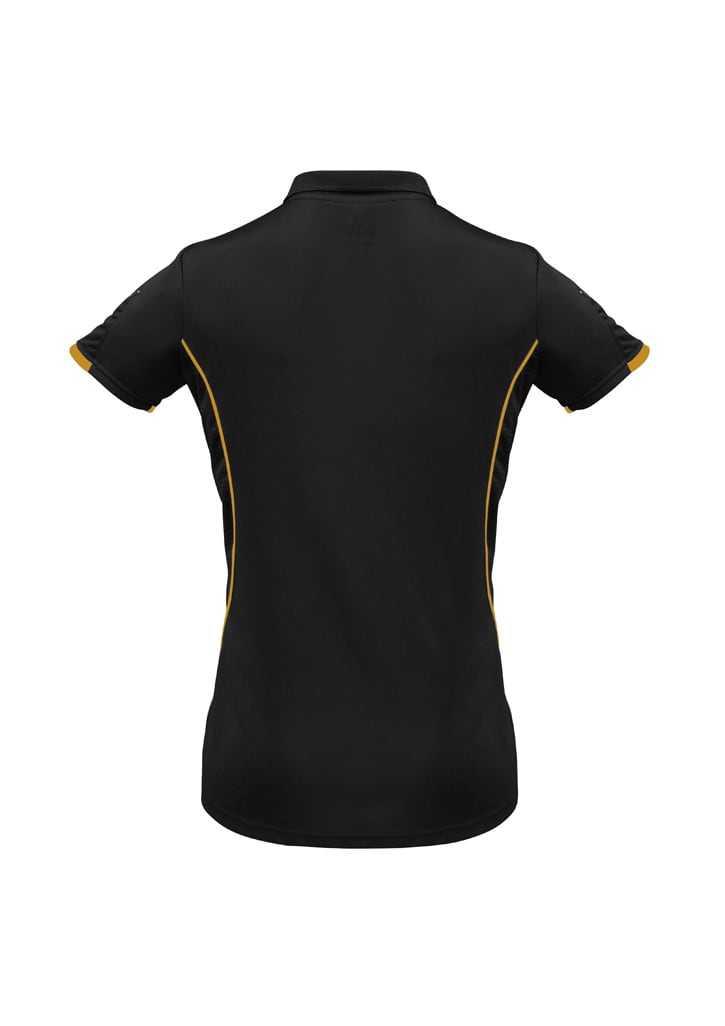 A black women's short sleeve polo shirt with yellow detailing and a logo on the sleeve.