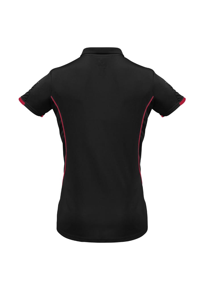 A black women's short sleeve polo shirt featuring contrasting red details and a logo on the back.
