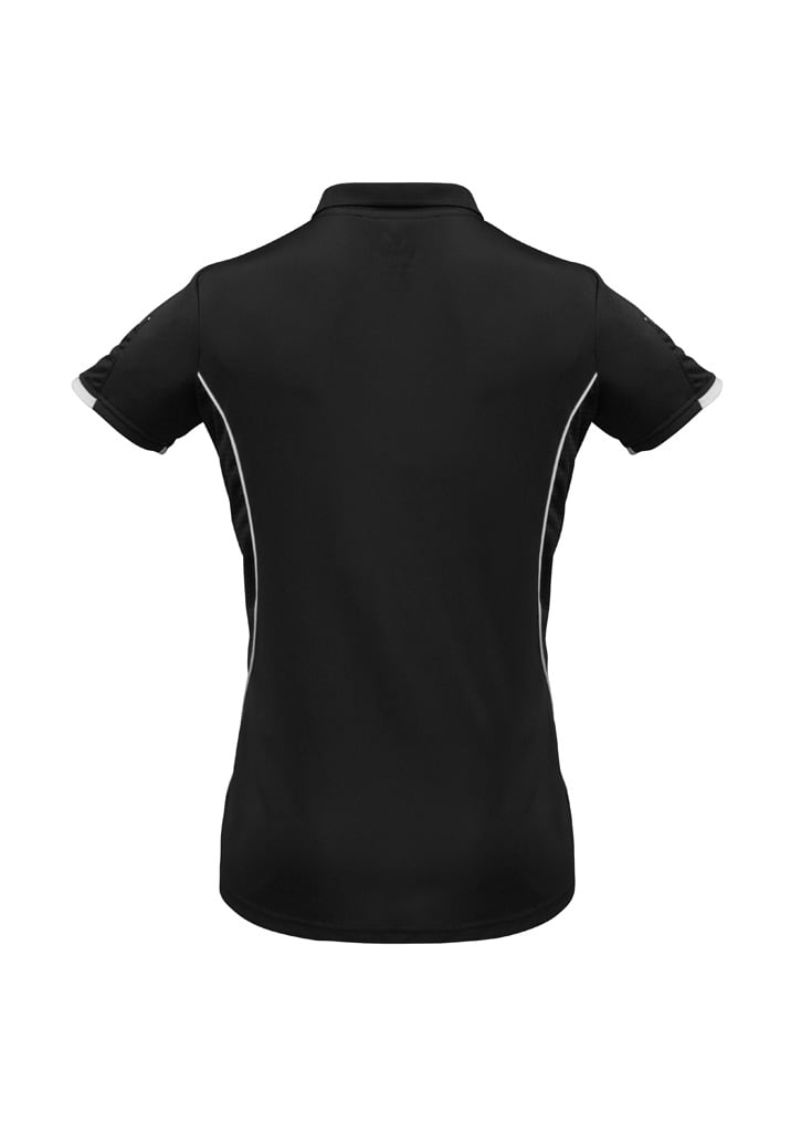 A black women's razor short sleeve polo shirt with white detailing and a logo on the front.