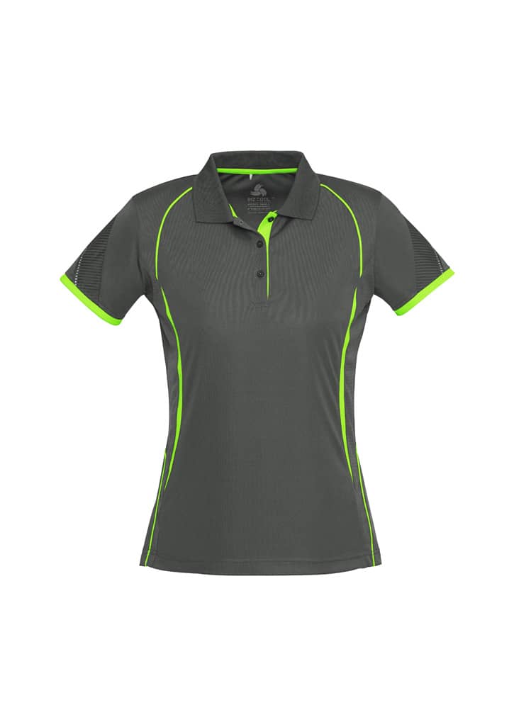 A women's polo shirt in grey with green accents, featuring a logo on the chest and short sleeves.