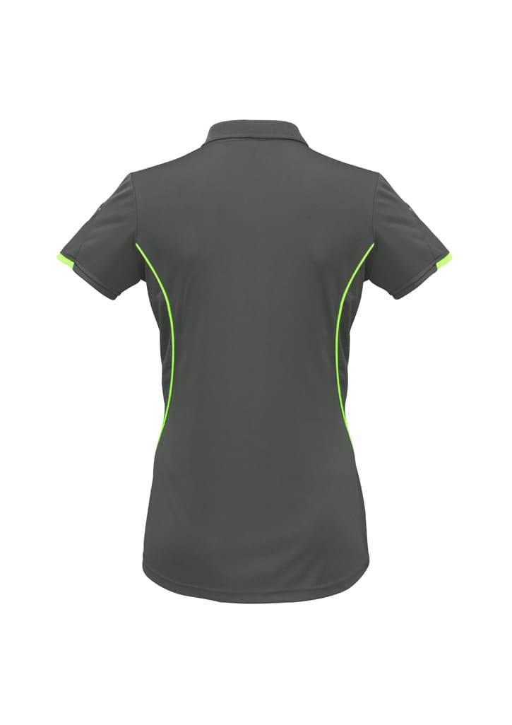 A women's short sleeve polo shirt in dark grey with neon green accent detailing and a logo on the side.