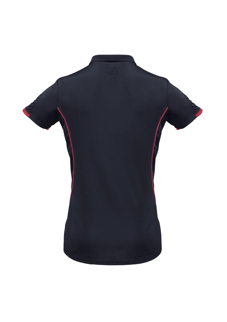 A women's short sleeve polo shirt in navy blue with red detailing and a logo on the shoulder.