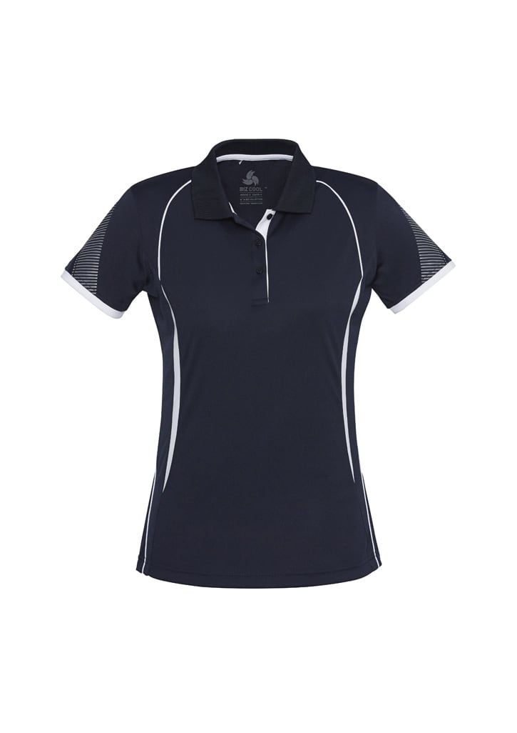 A women's short sleeve polo shirt in navy with white accents and a logo. Features a collar and sporty design.