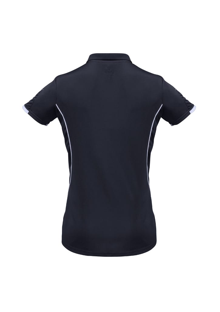 A women's short sleeve polo shirt in black with white detailing, featuring a logo on the back.
