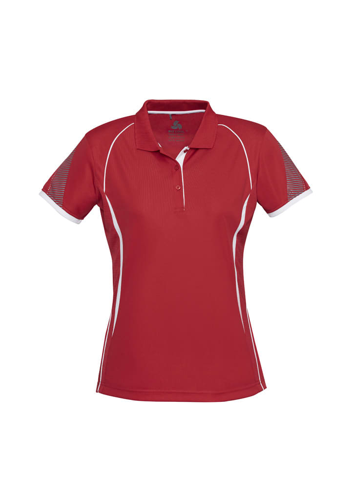 A red women's short sleeve polo shirt featuring white accents and a logo on the chest.