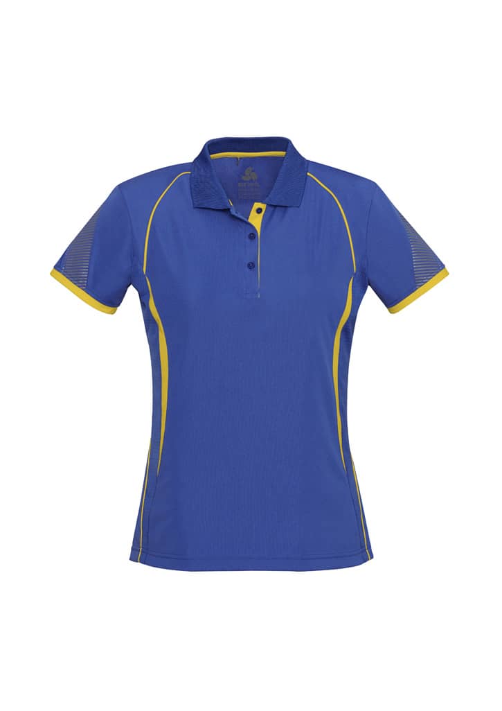 A women's short sleeve polo shirt in blue with yellow accents and a logo on the front.