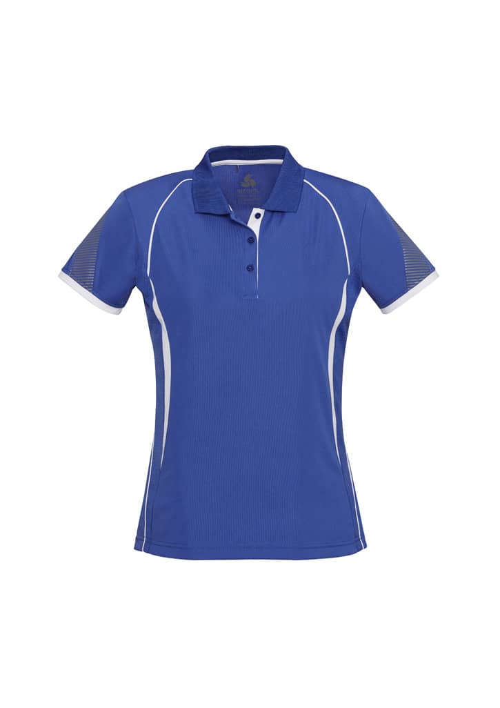 A women's short sleeve polo shirt in blue with white accents and a logo on the chest area.