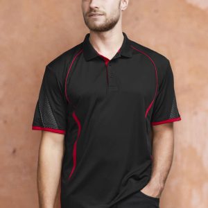 A men's short sleeve polo shirt in black with red accents and a branding logo on the chest.