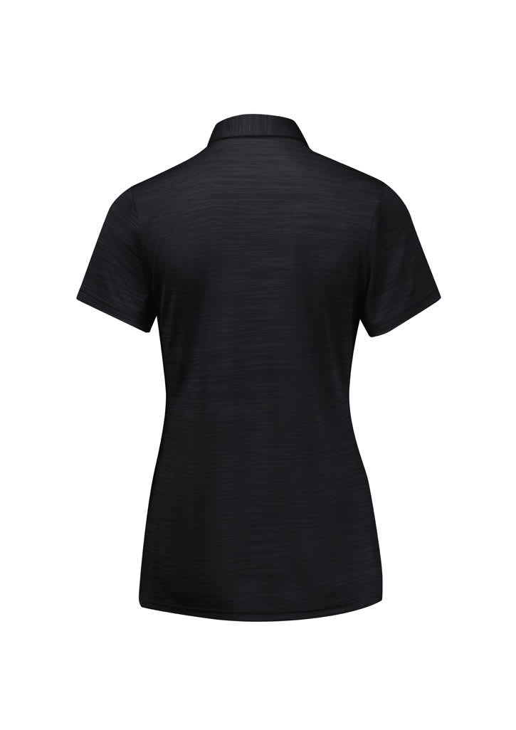 A black short sleeve polo shirt for women featuring a collar and a branding logo. Back view is displayed.