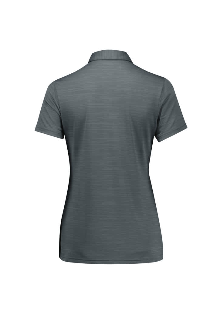 A women's short sleeve polo shirt in a muted grey tone with a basic collar and a subtle textured pattern.