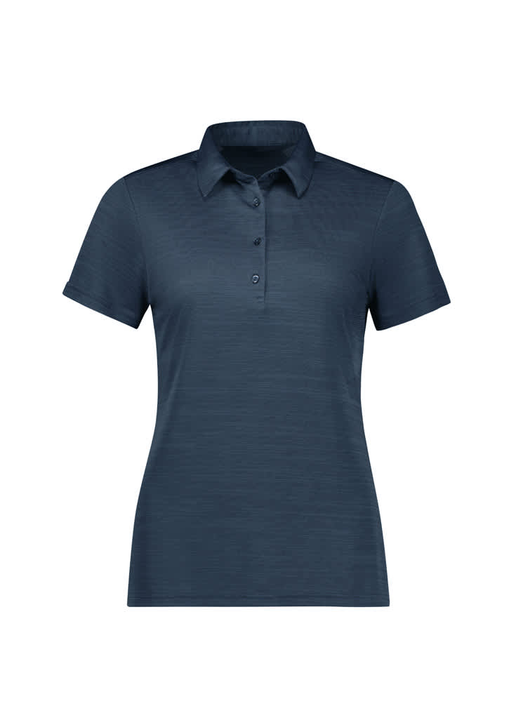 A women's short sleeve polo shirt in a navy blue colour with a collar and three-button placket. It features a logo.