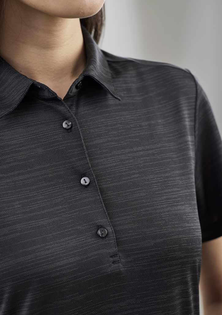 A black short sleeve polo shirt with a collared neck and button placket, featuring a subtle texture.