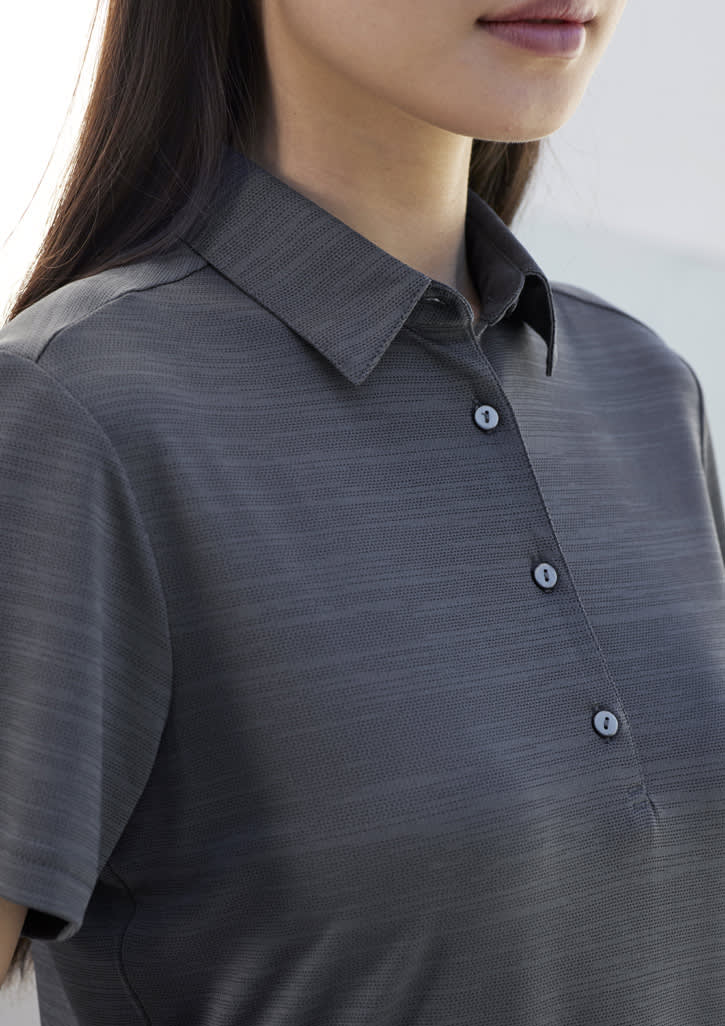 A women's short sleeve polo shirt in a dark grey colour featuring a collared neck and button placket.