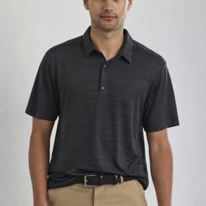 A men's short sleeve polo shirt in black with subtle stripes, featuring a collar and a logo on the chest.