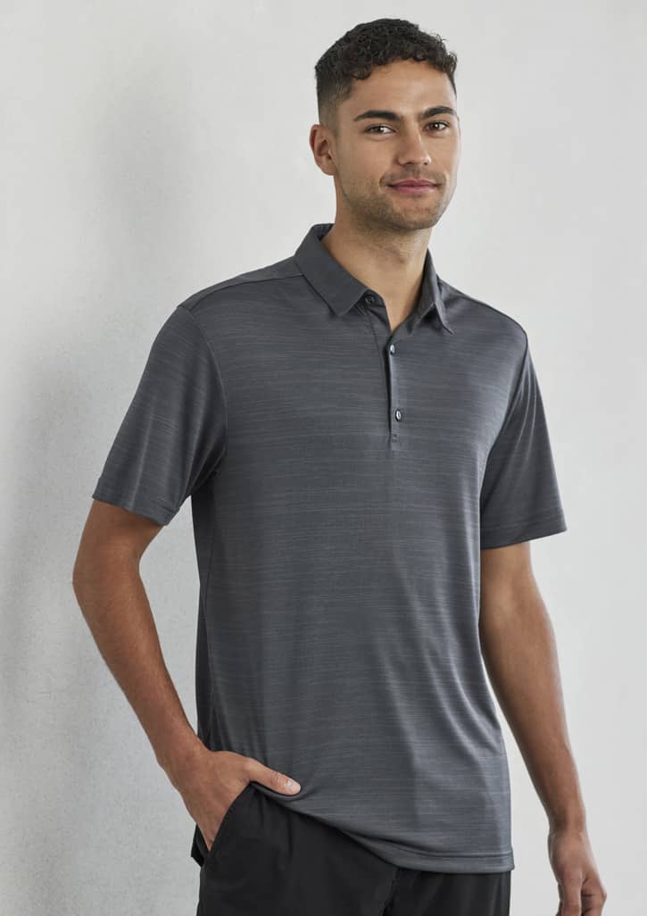 A men's short sleeve polo shirt in grey with a subtle stripe pattern, featuring a collar and a logo.