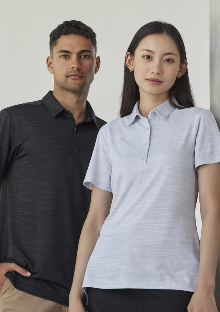 A black short sleeve polo shirt on a man and a grey striped short sleeve polo shirt on a woman, both featuring a logo.
