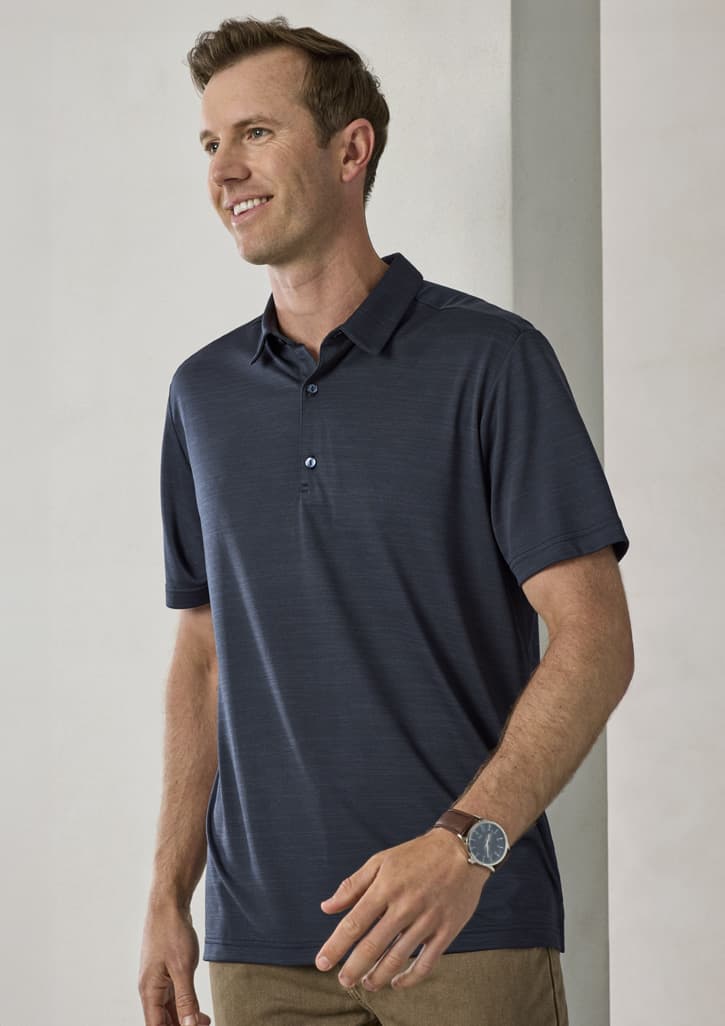 A men's navy short sleeve polo shirt with a subtle striped pattern, featuring a collar and buttons.