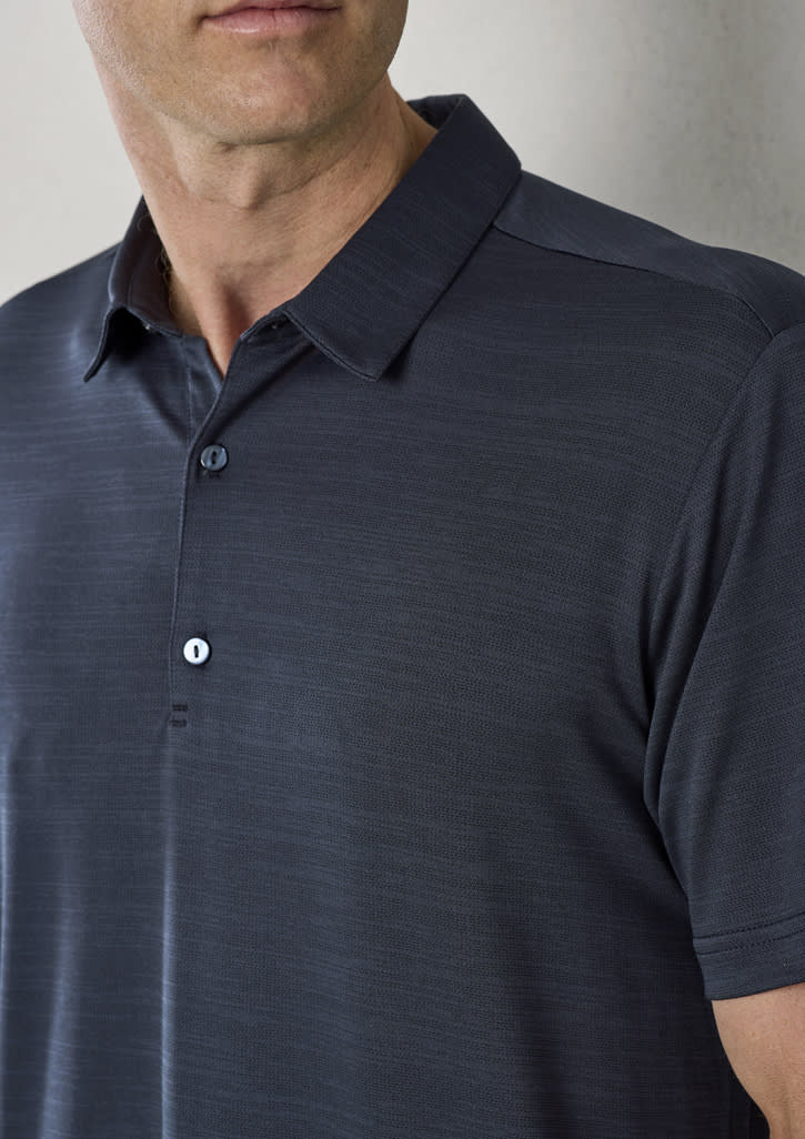 A dark navy short sleeve polo shirt with a collar and buttons, featuring a logo on the chest.