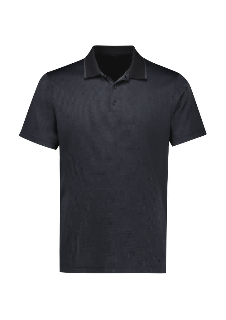 A short sleeve polo shirt in black, featuring a collar and a logo on the chest.
