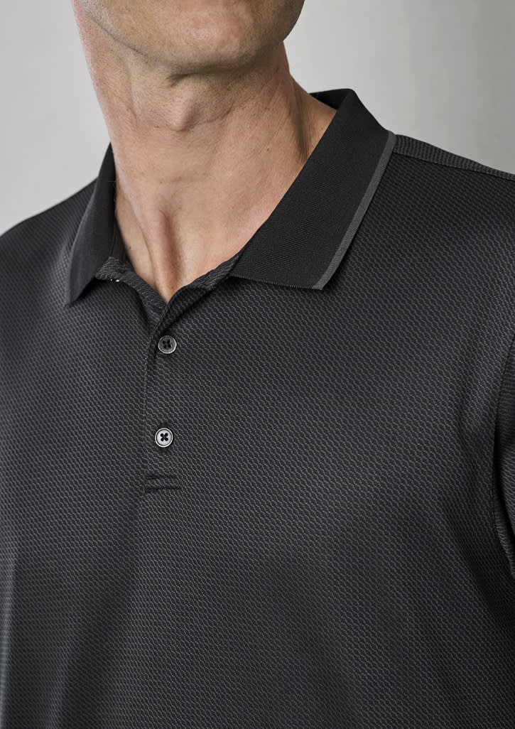 A men's short sleeve polo shirt in black with a textured pattern and a logo on the collar.