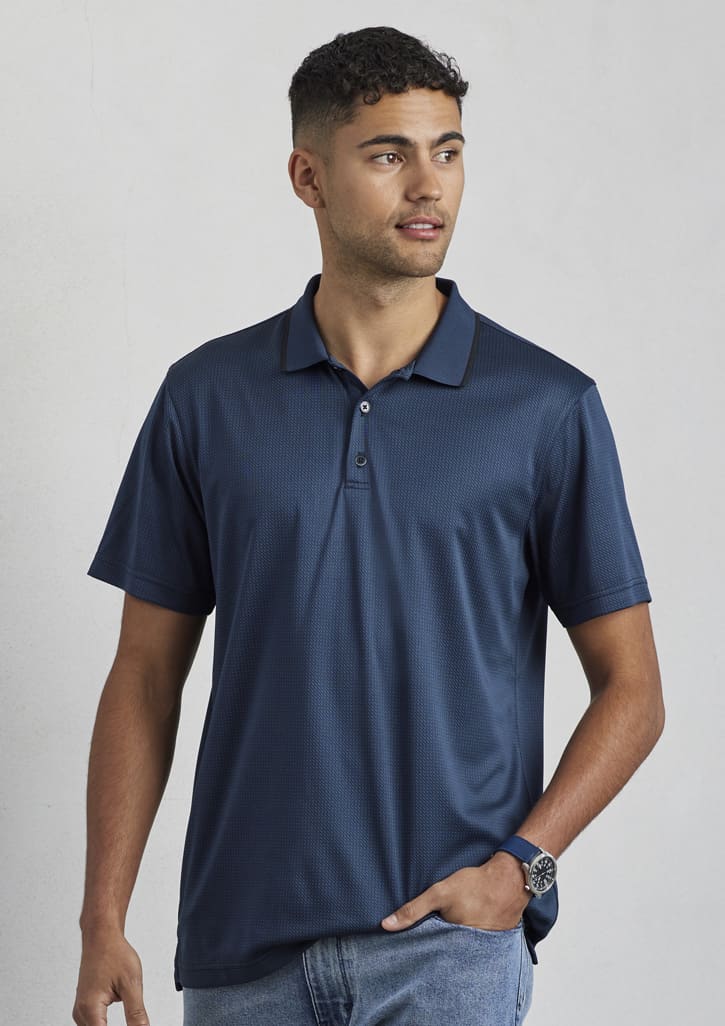 A navy blue men's short sleeve polo shirt featuring a subtle textured pattern and a logo.