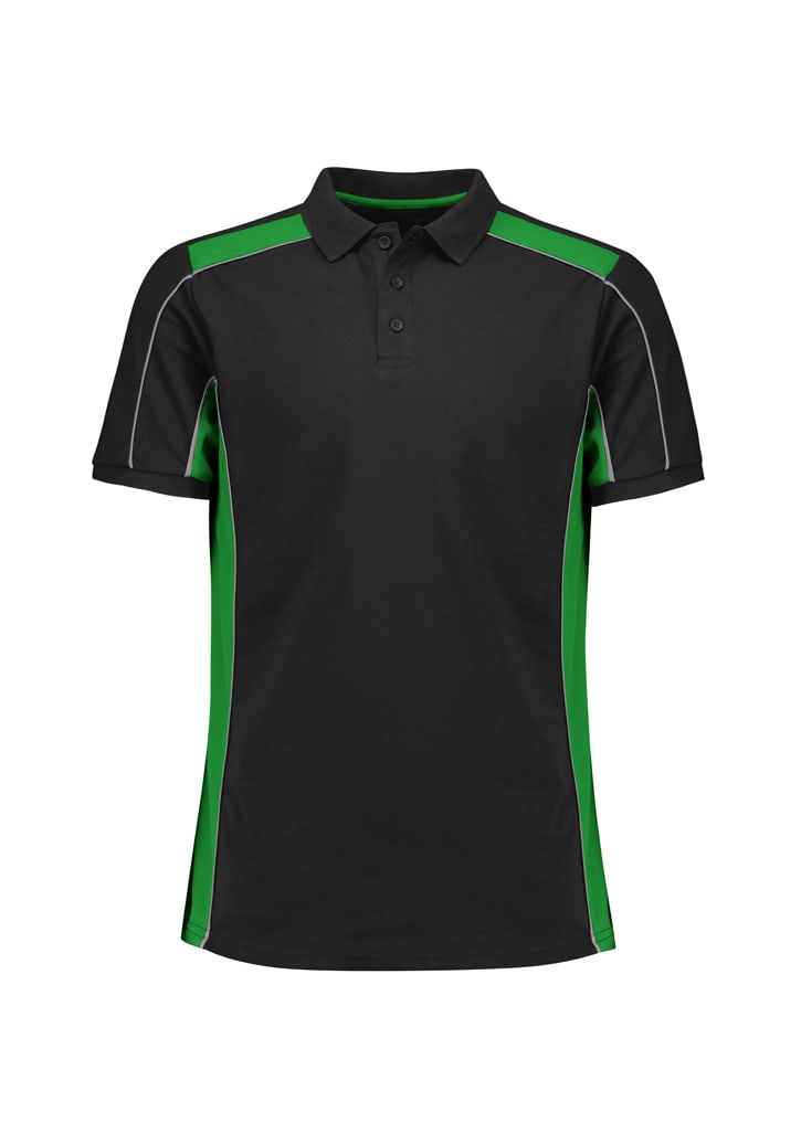 A black and green unisex short sleeve polo shirt with contrasting side panels and a logo on the chest.