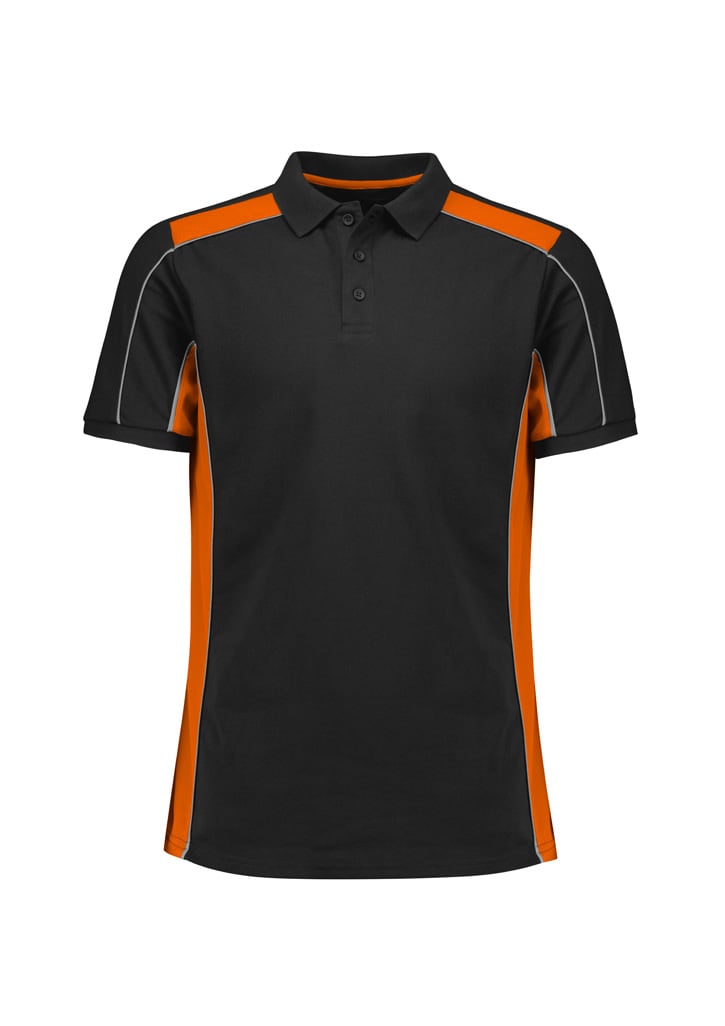 A black and orange unisex grid short sleeve polo shirt with a logo on the chest.