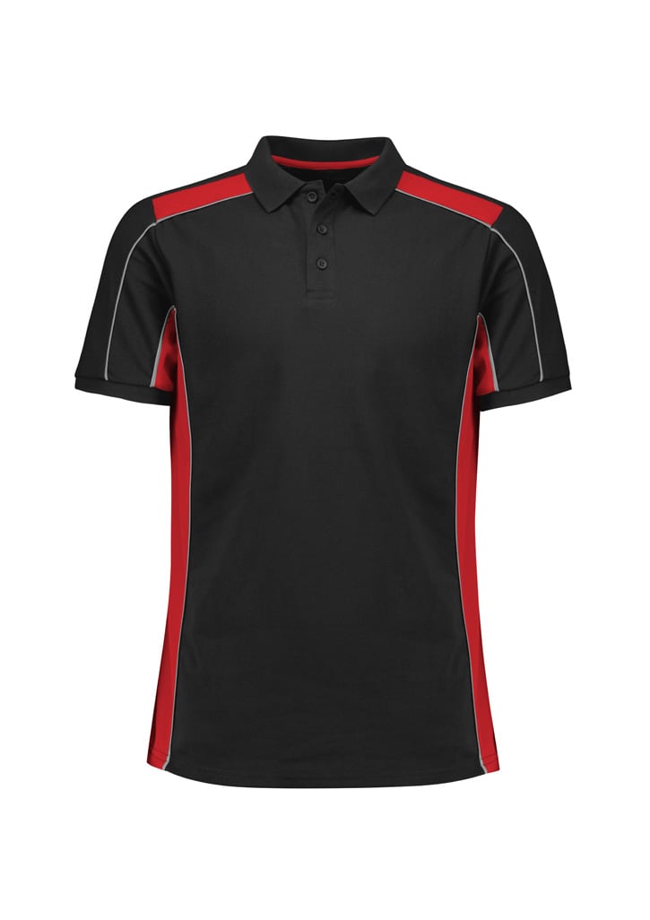 Unisex grid short sleeve polo in black with red side panels. Features a collar and three-button placket. Includes a logo.