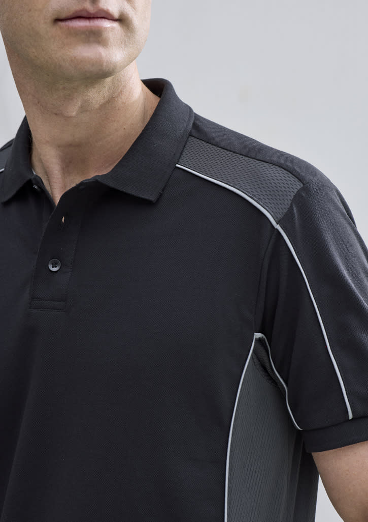 A black unisex polo shirt with mesh detailing and contrasting trim, featuring a collar and buttons.