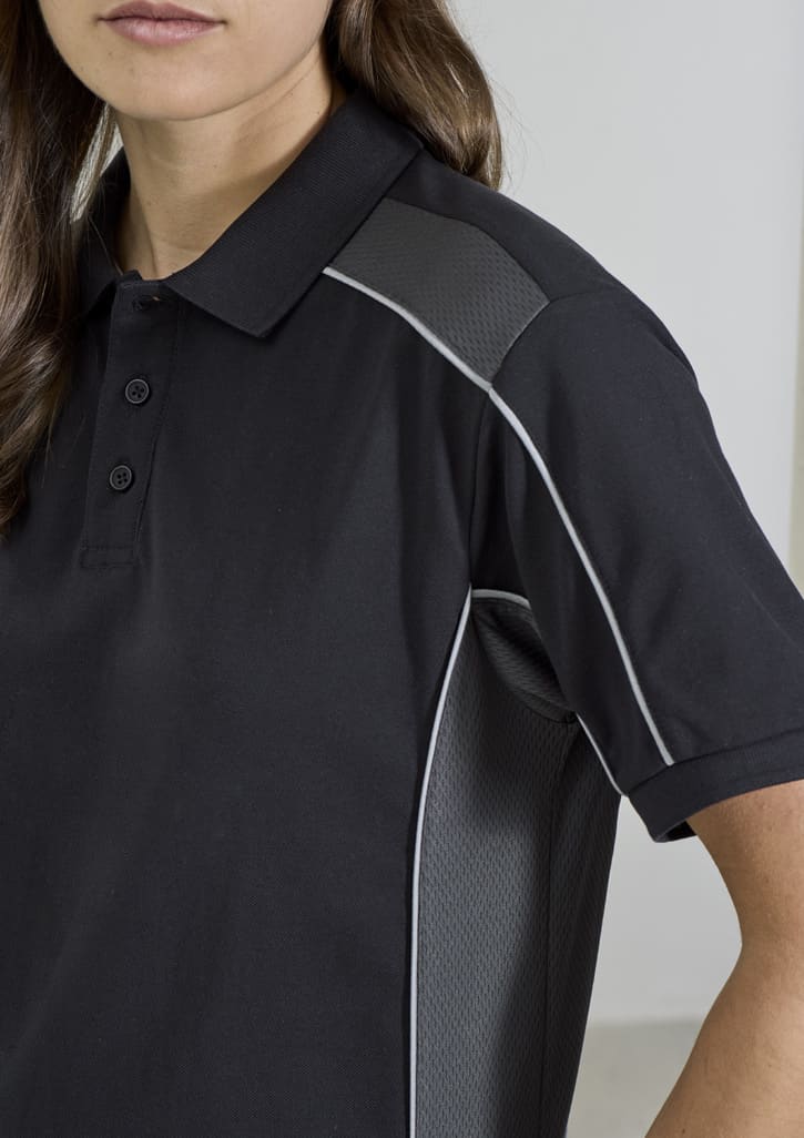 A black unisex short sleeve polo shirt featuring mesh side panels and decorative piping. It has a logo on the chest.