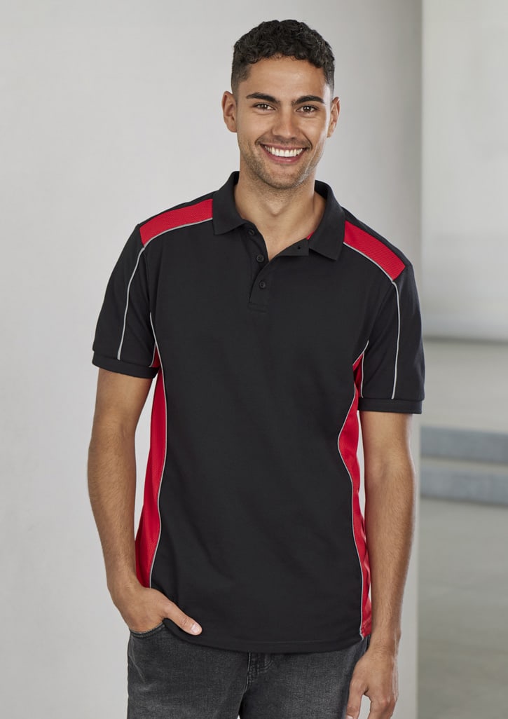A unisex polo shirt in black with red accents, featuring a logo on the chest and grey stitching details.