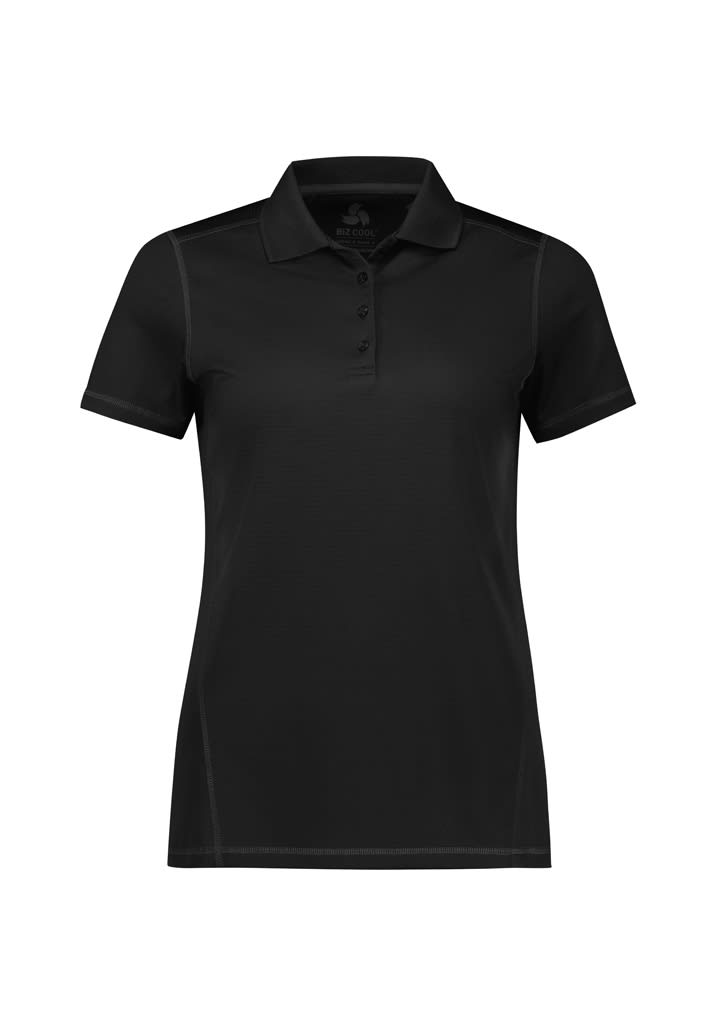 A black women's short sleeve polo shirt with a collar and buttons, featuring a logo.