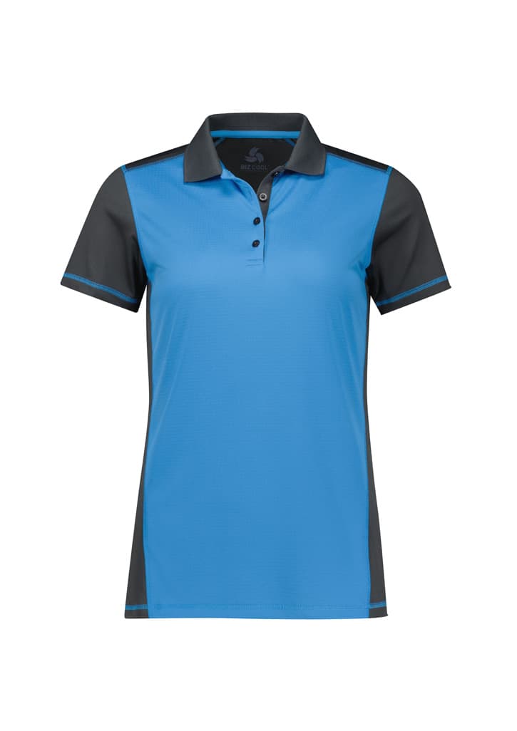 A women's short sleeve polo shirt in blue and grey, featuring a collar and a logo.