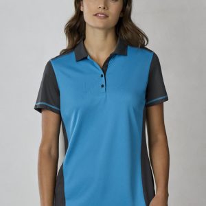 A women's short sleeve polo shirt in vibrant blue and black, featuring a collar and buttons, with a logo present.
