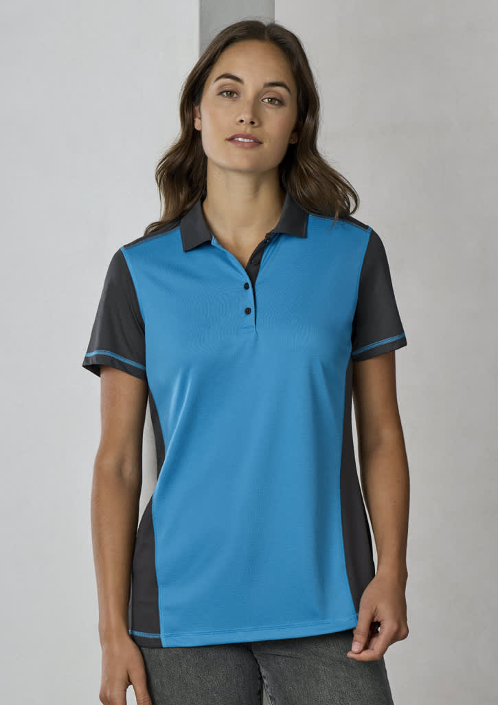 A women's short sleeve polo shirt in vibrant blue and black, featuring a collar and buttons, with a logo present.