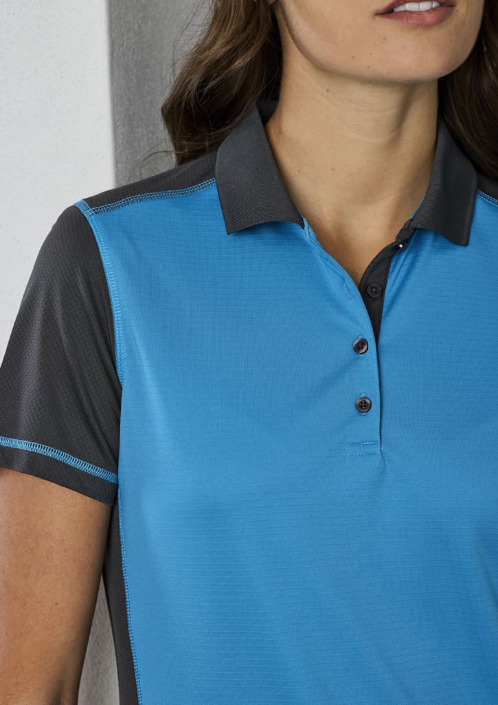A women's short sleeve polo in blue with black accents and a three-button placket, featuring a logo on the chest.