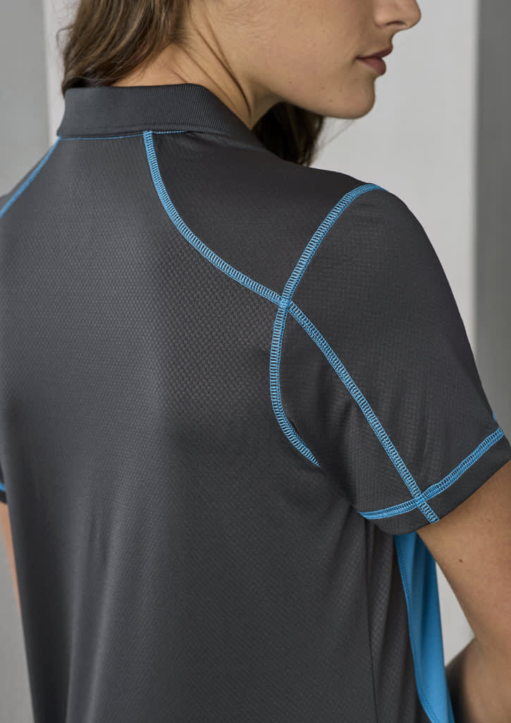 A women's dart short sleeve polo in charcoal grey with blue accents, featuring a stylish design and a logo.