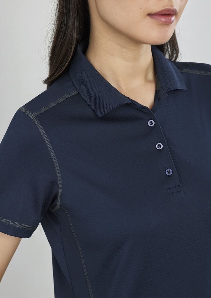 A navy blue women's short sleeve polo shirt featuring buttons and a subtle logo on the chest.