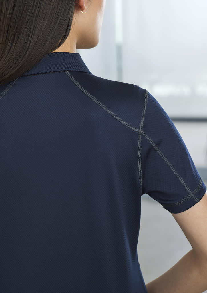 A navy short sleeve polo shirt featuring a subtle texture and stitching detail, designed for women.