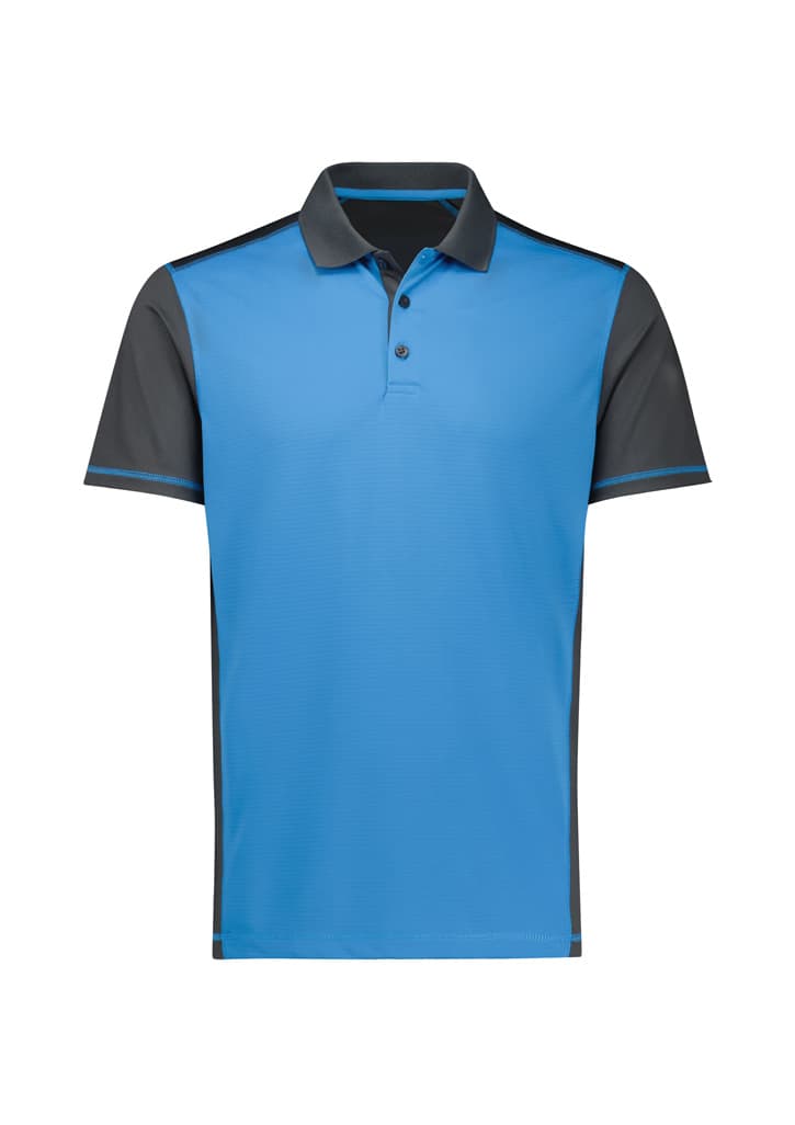 A blue and grey men's short sleeve polo shirt featuring a logo.