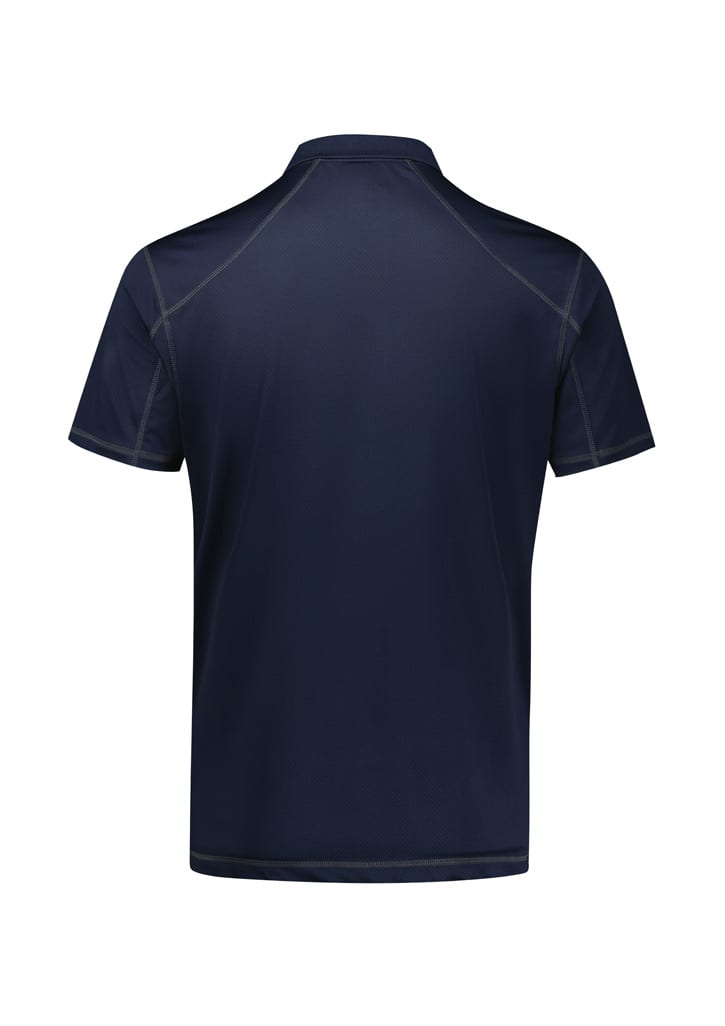 A navy blue short sleeve polo shirt featuring a logo on the back.