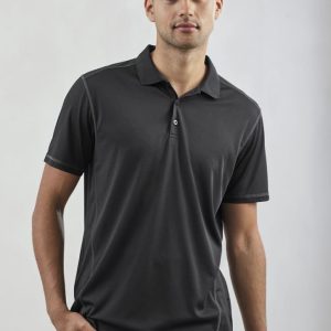 A black short sleeve polo shirt with a collar, featuring a subtle design and a logo on the chest.