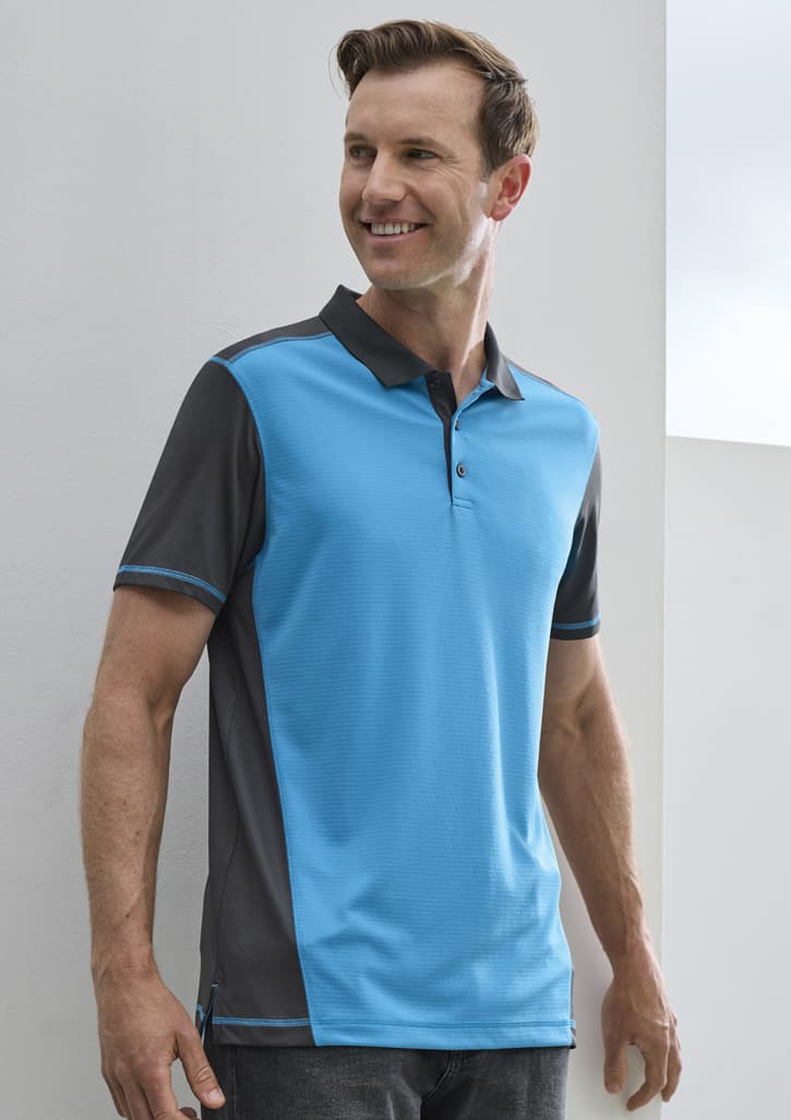 A men's short sleeve polo shirt in blue and grey, featuring a collar and a logo on the chest.