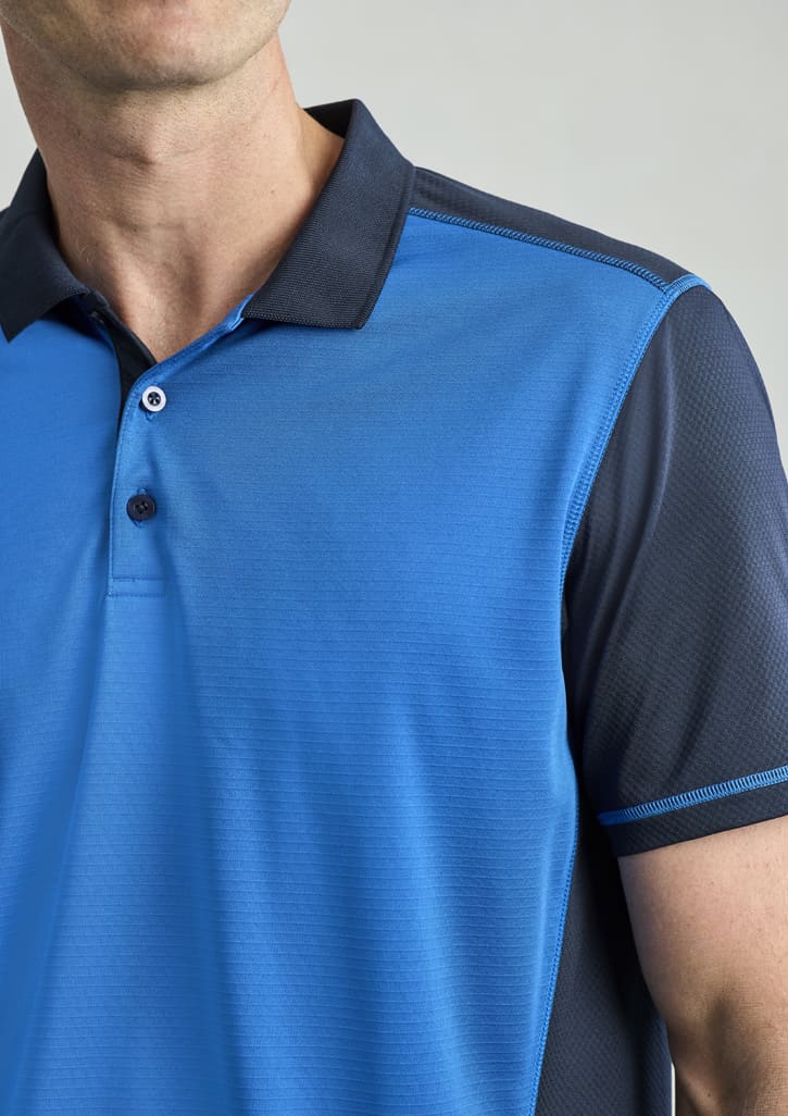 A men's short sleeve polo shirt in blue with black accents and a logo on the chest.
