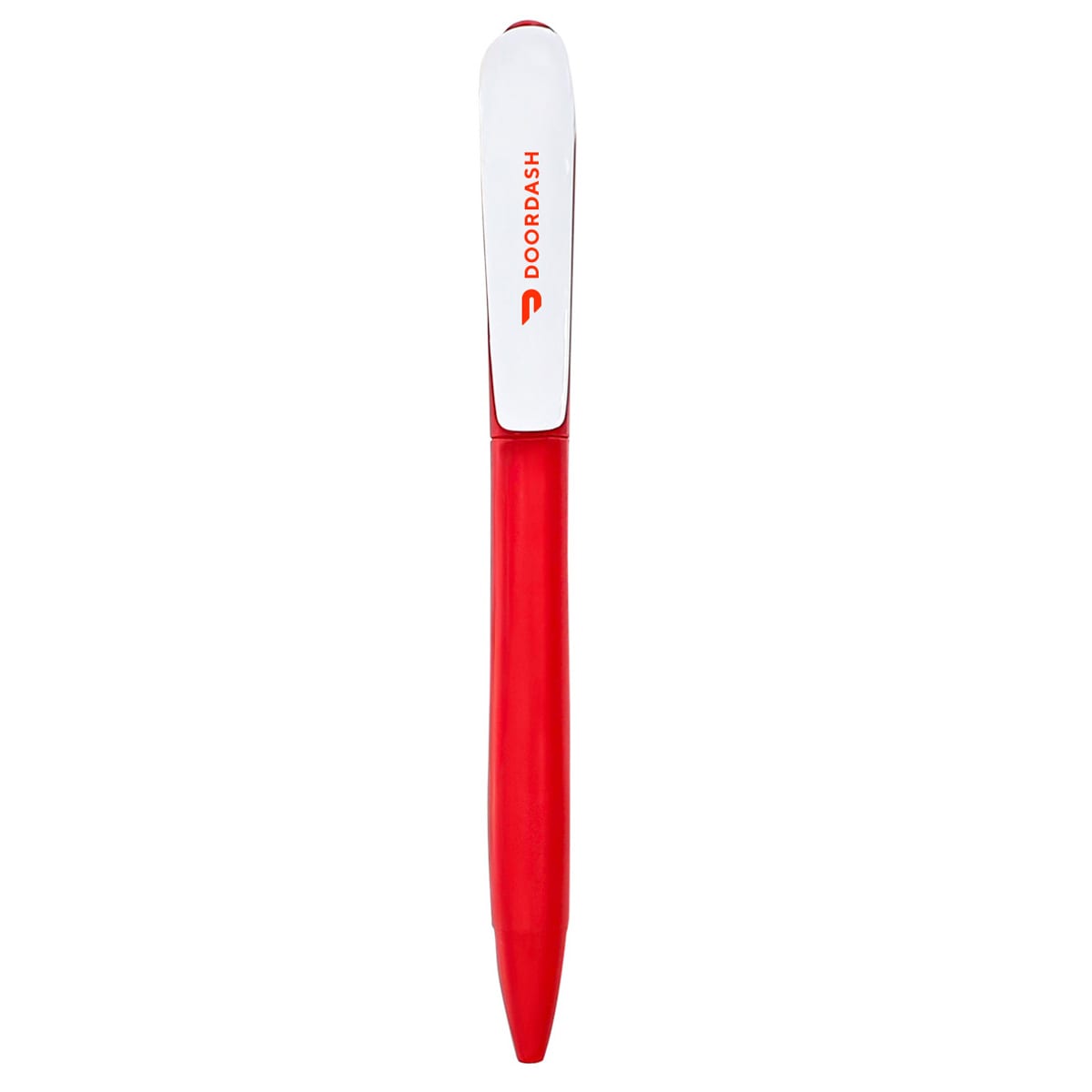 A red plastic pen with a white clip and a logo on the clip.